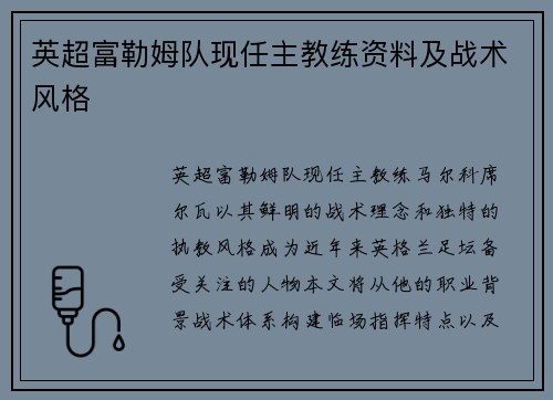 英超富勒姆队现任主教练资料及战术风格
